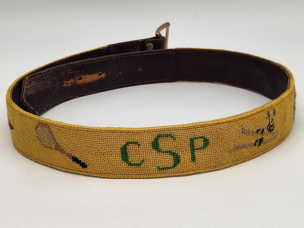 Leather Yellow Needlepoint Belt Brass Buckle CSP, Hunting, Gavel, Tenis, 40''L